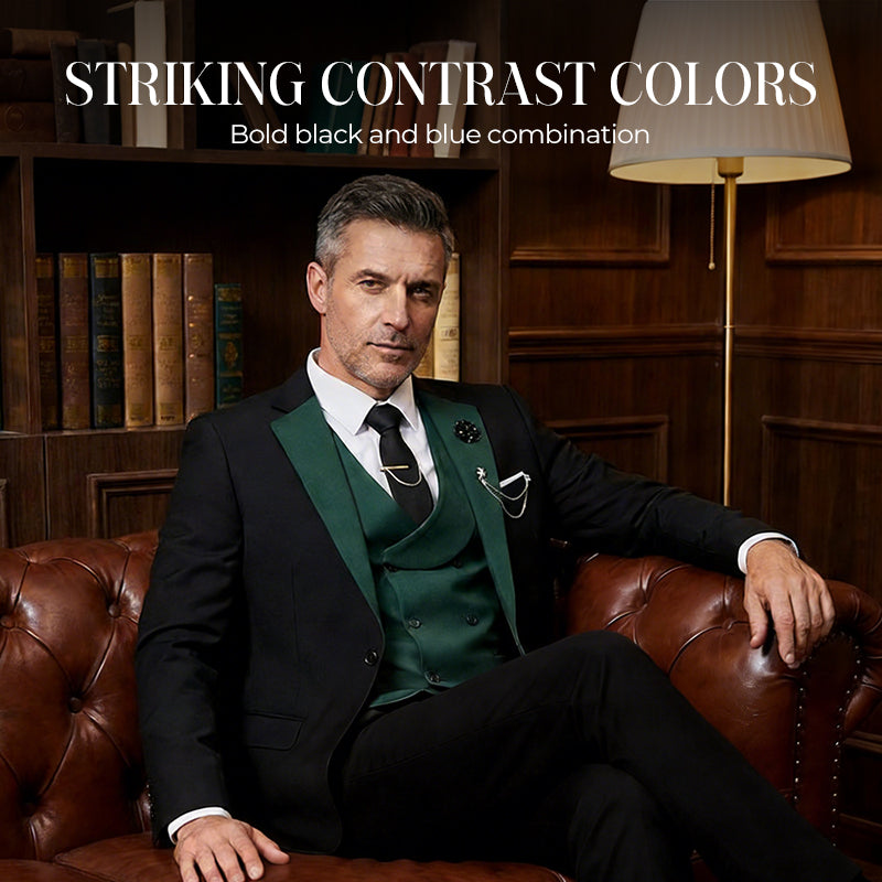 π 50% OFF! π Modern Contrast Color Wedding Suit β 3-Piece Slim-Fit Set in Bold Black & Light Blue (8 Colors!) πβ¨