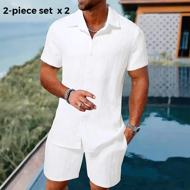 🥳2026 HOT SALE🥳💞50K+ SOLD!💥👴 🍻50% OFF! Men's Jacquard Shirt & Shorts Set – Easy-fit comfort for warm days! Breathable fabric, no ironing needed. Perfect for garden or seaside. ☀️🌿