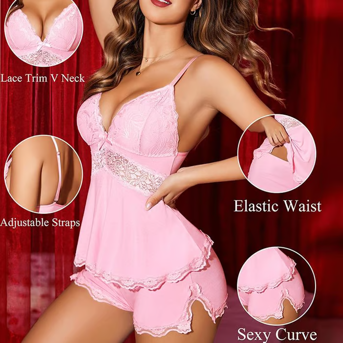🎉Hot Sale💕Lace Trimmed V-Neck Camisole & Shorts Sleepwear Set
