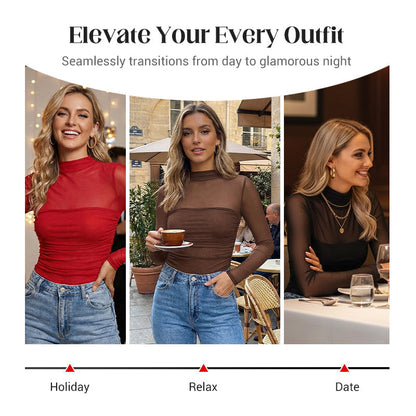 💃Last Day Sales -50% OFF🎉Women's Sparkle Mesh Sheer Long Sleeve Ruched Top