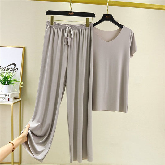 💖Limited Sale 50% OFF💖Soft Comfortable Ice Silk Short Sleeve T-Shirt Two Piece Set Loose Wide-leg Pants