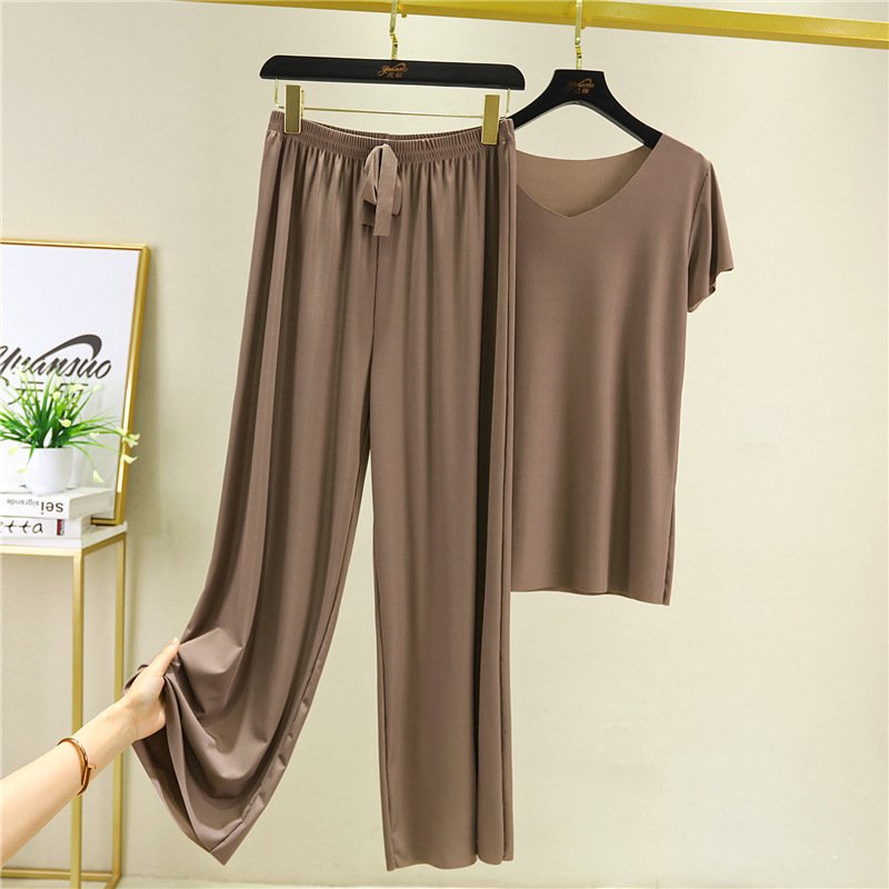 💖Limited Sale 50% OFF💖Soft Comfortable Ice Silk Short Sleeve T-Shirt Two Piece Set Loose Wide-leg Pants
