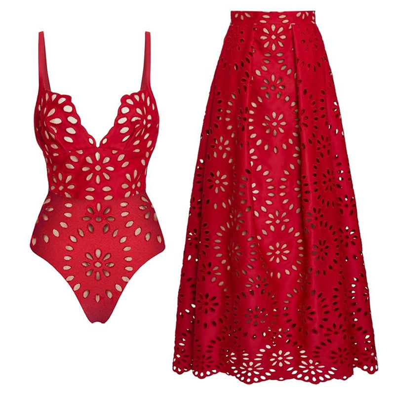 Women’s Sexy One Piece Swimsuit with Matching Swim Long Skirt