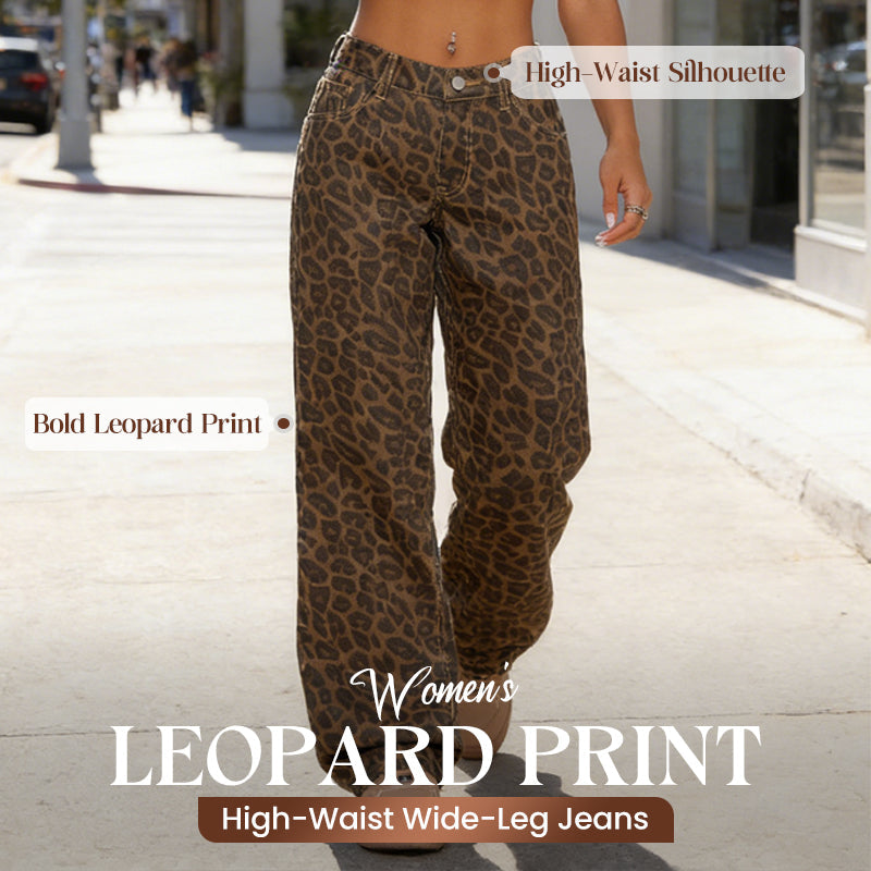 Women's Leopard Print High-Waist Wide-Leg Jeans