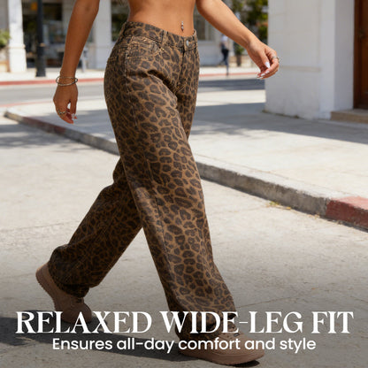 Women's Leopard Print High-Waist Wide-Leg Jeans