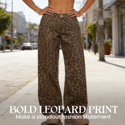 Women's Leopard Print High-Waist Wide-Leg Jeans