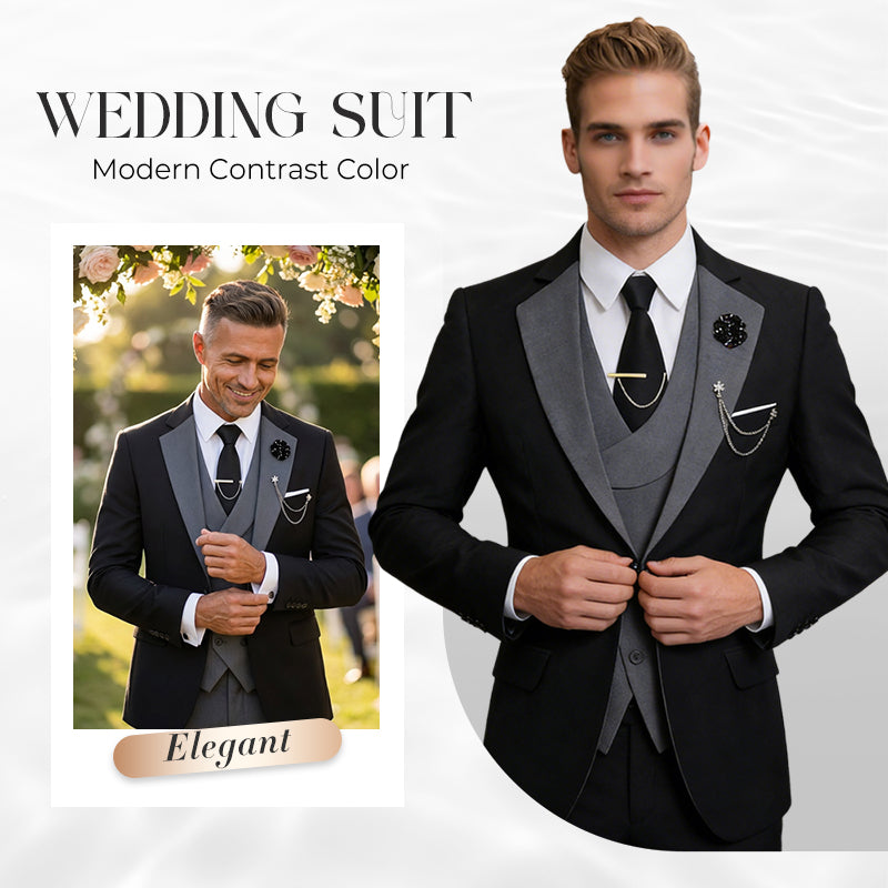 💎 50% OFF! 💎 Modern Contrast Color Wedding Suit – 3-Piece Slim-Fit Set in Bold Black & Light Blue (8 Colors!) 👔✨