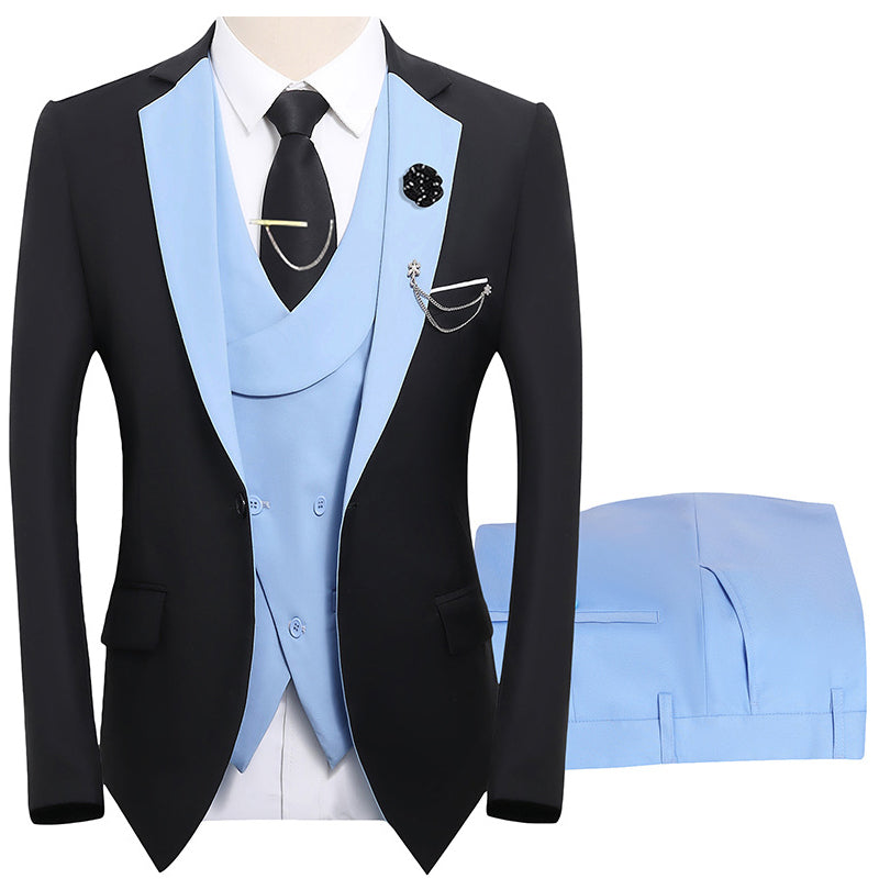 💎 50% OFF! 💎 Modern Contrast Color Wedding Suit – 3-Piece Slim-Fit Set in Bold Black & Light Blue (8 Colors!) 👔✨