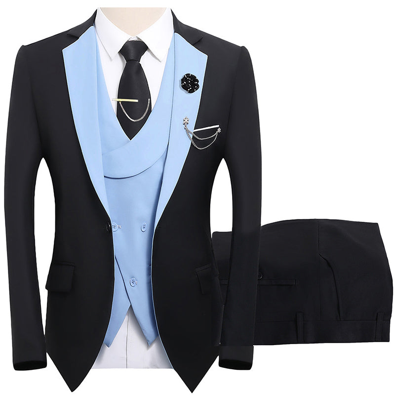 💎 50% OFF! 💎 Modern Contrast Color Wedding Suit – 3-Piece Slim-Fit Set in Bold Black & Light Blue (8 Colors!) 👔✨