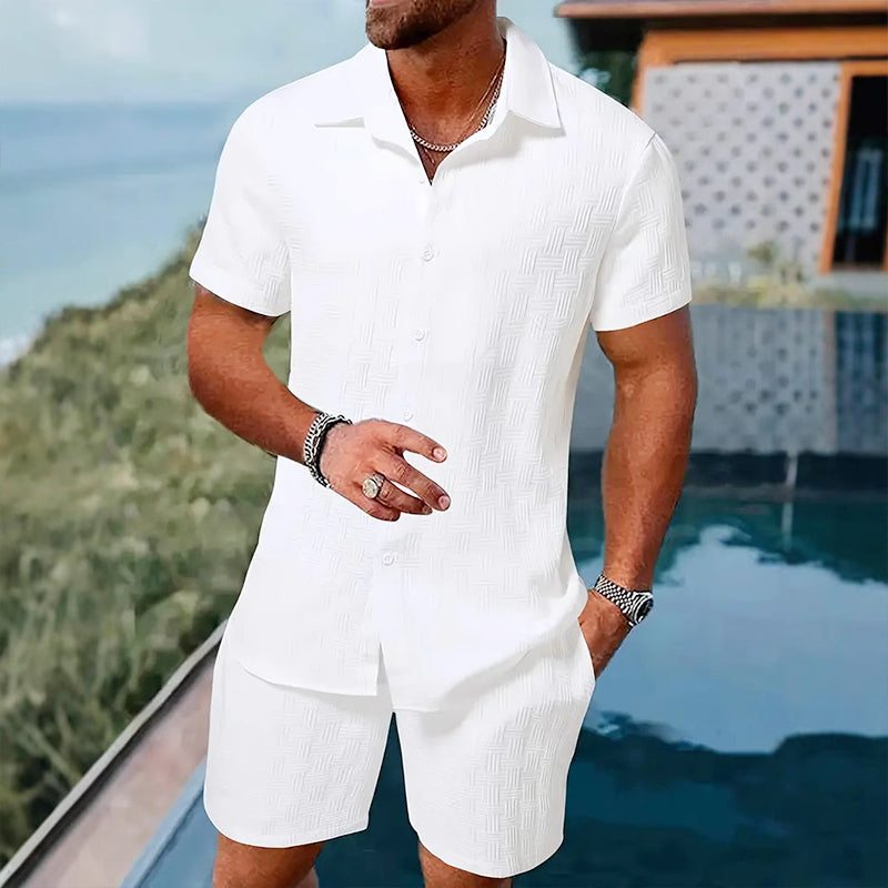 🥳2026 HOT SALE🥳💞50K+ SOLD!💥👴 🍻50% OFF! Men's Jacquard Shirt & Shorts Set – Easy-fit comfort for warm days! Breathable fabric, no ironing needed. Perfect for garden or seaside. ☀️🌿