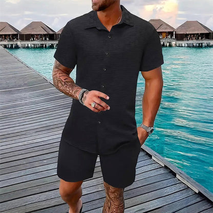 🥳2026 HOT SALE🥳💞50K+ SOLD!💥👴 🍻50% OFF! Men's Jacquard Shirt & Shorts Set – Easy-fit comfort for warm days! Breathable fabric, no ironing needed. Perfect for garden or seaside. ☀️🌿