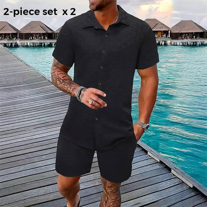 🥳2026 HOT SALE🥳💞50K+ SOLD!💥👴 🍻50% OFF! Men's Jacquard Shirt & Shorts Set – Easy-fit comfort for warm days! Breathable fabric, no ironing needed. Perfect for garden or seaside. ☀️🌿