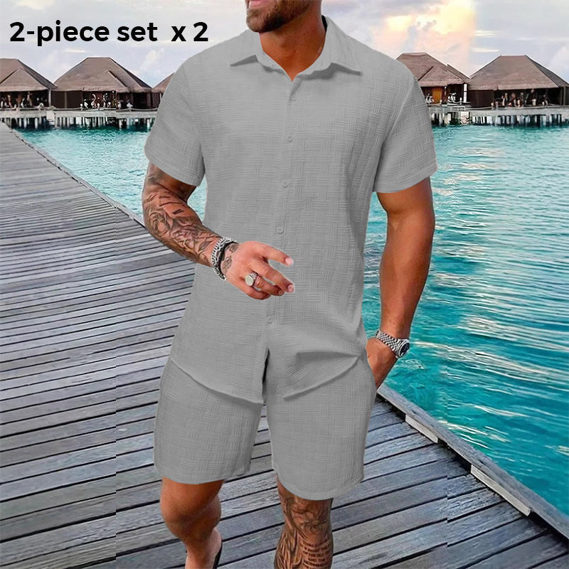 🥳2026 HOT SALE🥳💞50K+ SOLD!💥👴 🍻50% OFF! Men's Jacquard Shirt & Shorts Set – Easy-fit comfort for warm days! Breathable fabric, no ironing needed. Perfect for garden or seaside. ☀️🌿